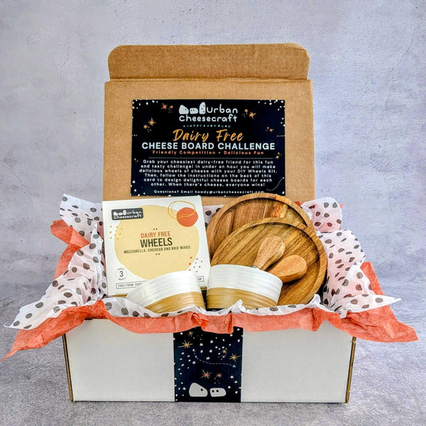 Vegan Cheese Party Gift Box- DIY Wheels Kit, Mini Wood Boards and Knives, Ceramic Wheel Molds